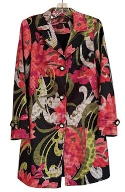 Trina Turk Floral Long Blazer Jacket Jacquard Topper Statement Coat M Luxe